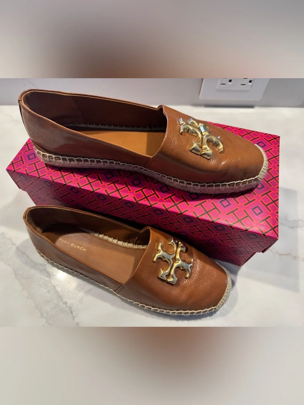 Tory Burch Tan Brown Leather Espadrille Eleanor Flats with Gold Logo